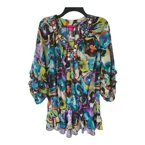 Sunny Leigh Blouse Women Medium Art to Wear Beaded Layered Colorful print